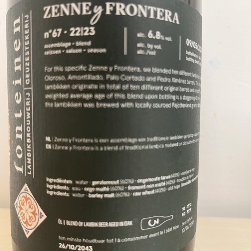 1 bottle (75cl) of  3 Fonteinen -  3F ZENNE Blend 67 (Oloroso, Amontillado, Palo Cortado Pedro Ximenez barrels) - Latest Release !