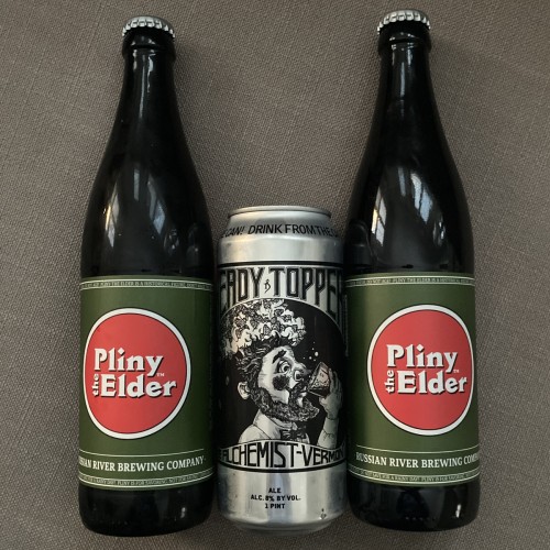 2 CANS OF FRESH ALCHEMIST: 1 HEADY TOPPER & 1 FOCAL BANGER & 1 BOTTLE OF PLINY THE ELDER