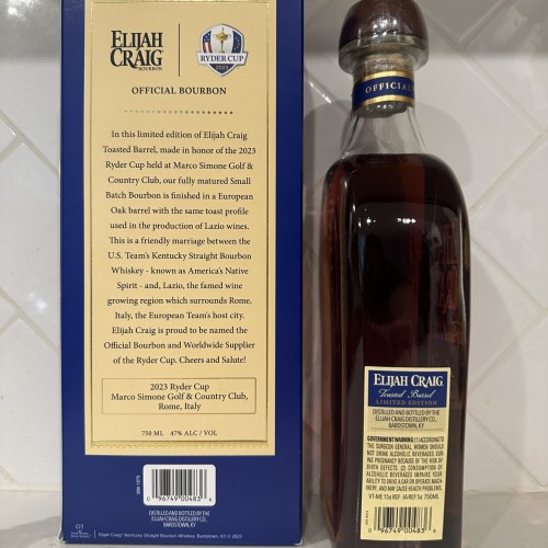 2023 Elijah Craig Ryder Cup Toasted Barrel Straight Bourbon Whiskey