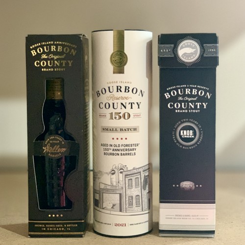 LOT OF 3 Goose Island Bourbon County variants: Weller Anniversary, Old Forester 150, 2-year Reserve Knob Creek