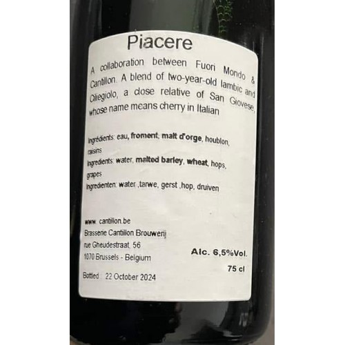 1 bottle (75cl) of CANTILLON PIACERE 2024 - Latest !